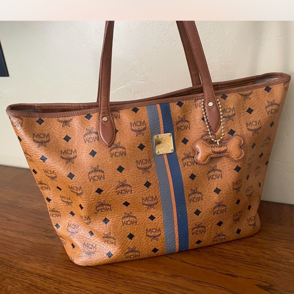 MCM Brown and Blue Logo Tote